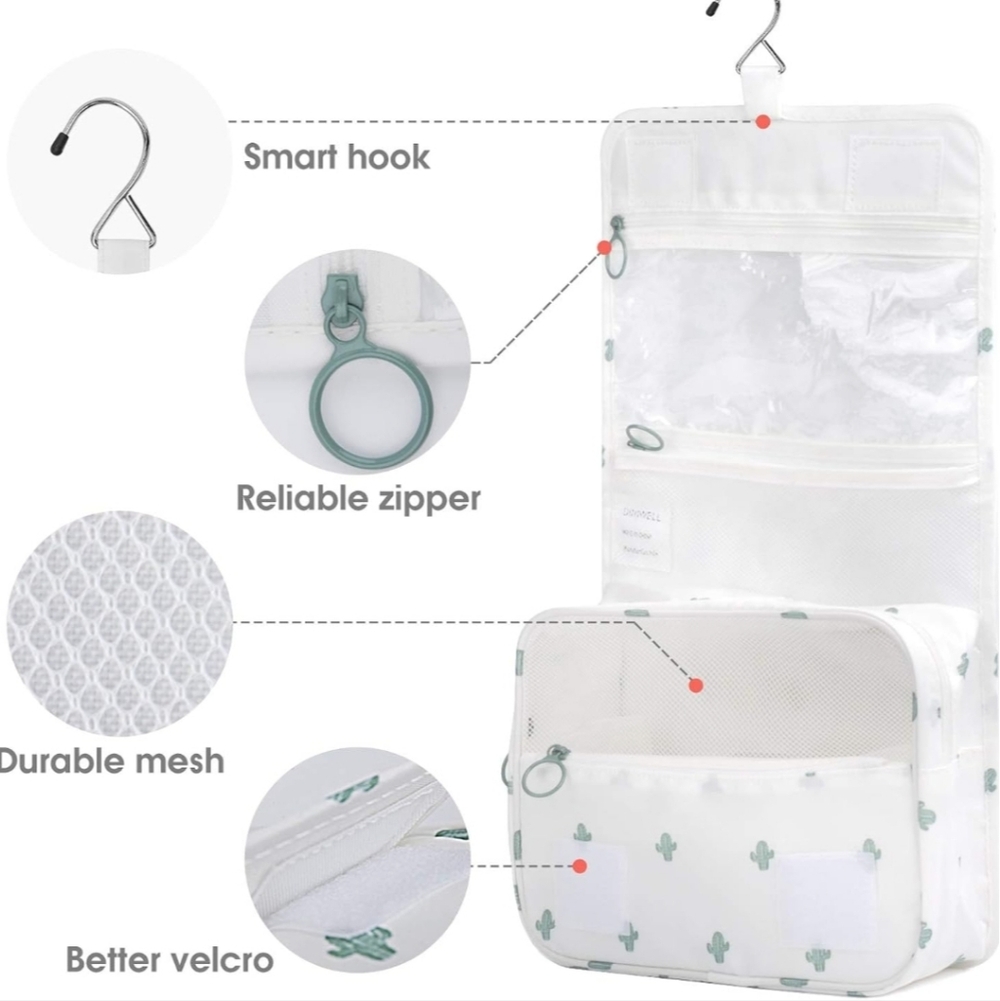 Narwey Small Hanging Travel Toiletry Bag, White And Cactus. New - Picture 3 of 5